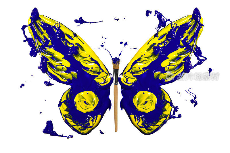 蓝色和黄色的飞溅油漆做成了蝴蝶
