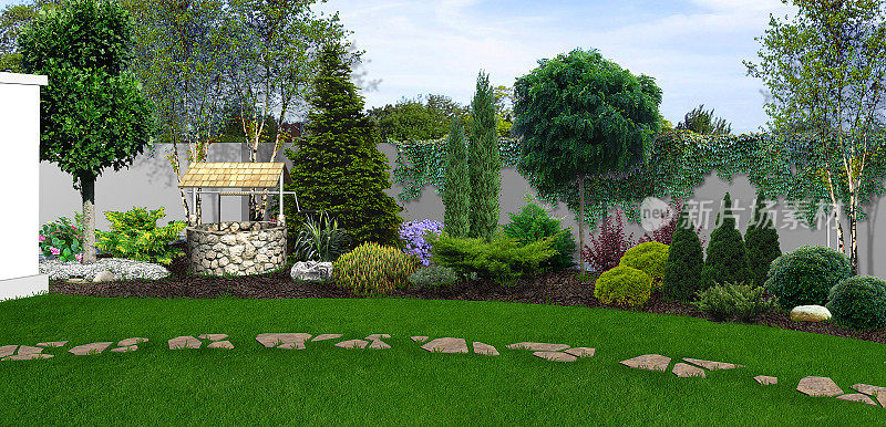 后院园艺背景，3d渲染