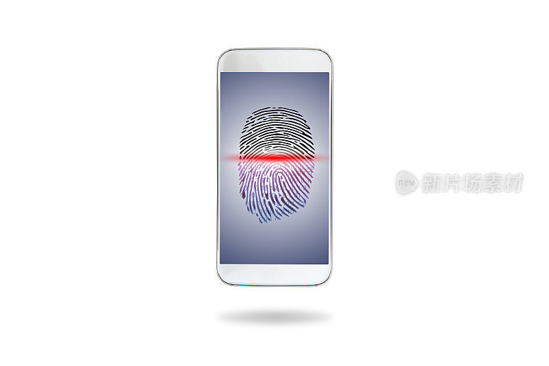 智能手机上的数字扫描指纹，白色背景，移动安全
