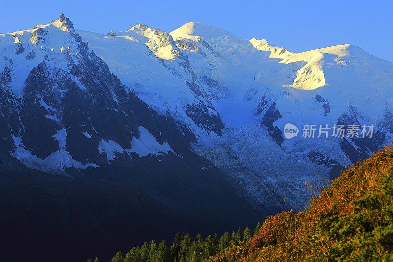 勃朗峰田园诗般的高山景观正面视图-夏蒙尼