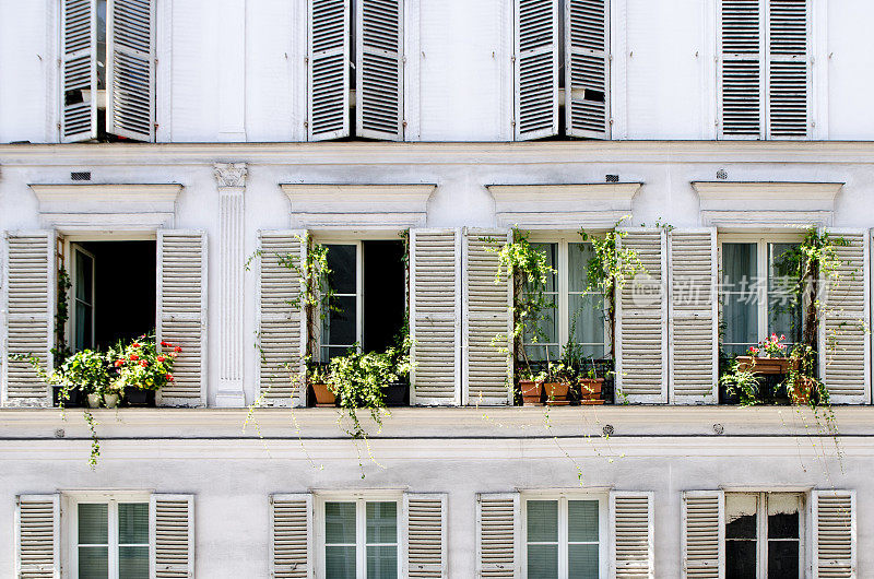 三排窗户和一盆花的旧建筑