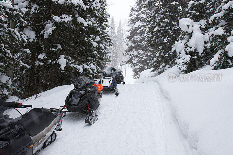 冬季仙境中一排排的雪地摩托。
