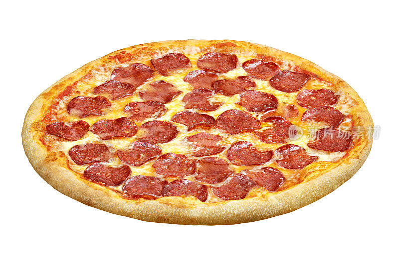 披萨意大利辣香肠配马苏里拉奶酪，为您的餐厅设计和菜单模板，孤立的白色背景。