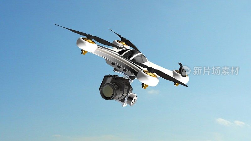 无人机四轴飞行器与专业摄像机盘旋在天空