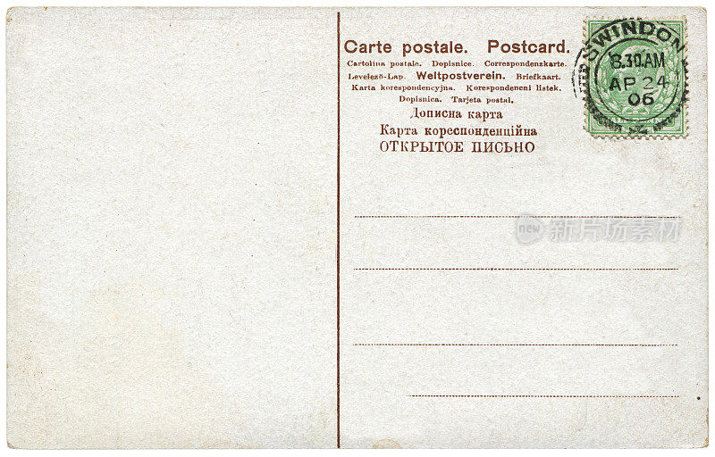1906年从英国斯温顿寄出的带有空白内容的老式明信片，对于英国历史上的明信片通信来说是一个非常好的背景。