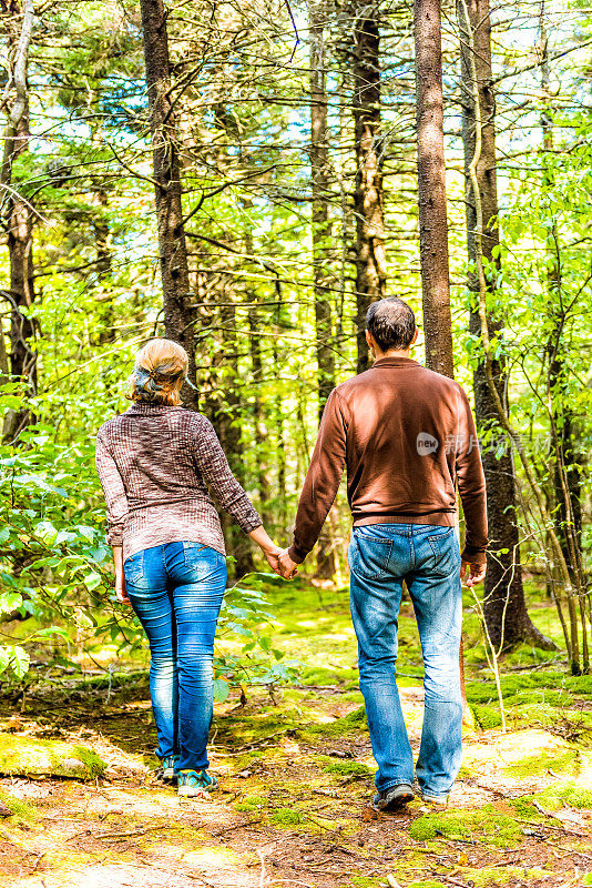 在西弗吉尼亚州，一对年轻夫妇手牵着手走过童话般的森林