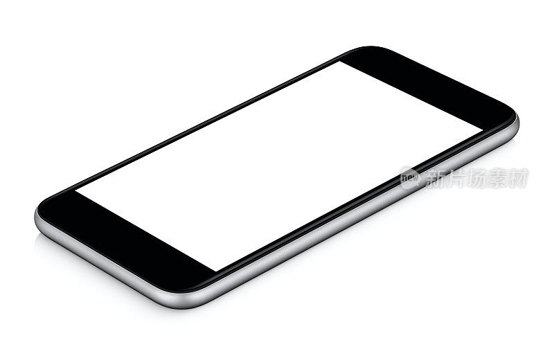 黑色智能手机模型CW旋转躺在表面与空白屏幕隔离在白色