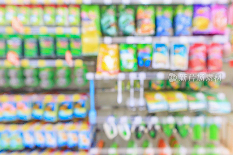 抽象模糊超市折扣店产品货架内部散焦背景
