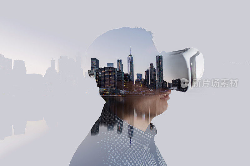 虚拟现实和曼哈顿市中心的双重曝光