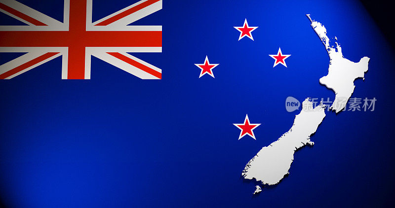 以国旗为背景的新西兰地图。