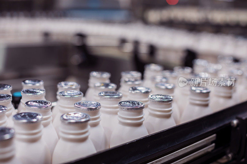 在非洲一家乳品厂的传送带上移动的新鲜牛奶瓶
