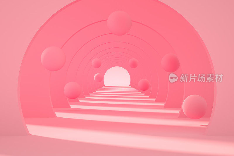 3D粉红色空隧道，走廊，圆形形状