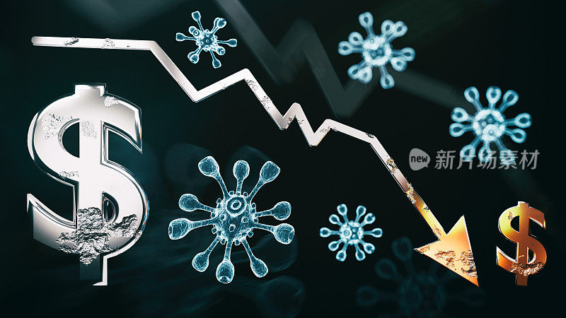 美元货币符号、冠状病毒的3d图像和金融市场崩溃图标的3d渲染黑色背景