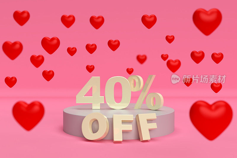 百分之四十的折扣-情人节销售3D插图。