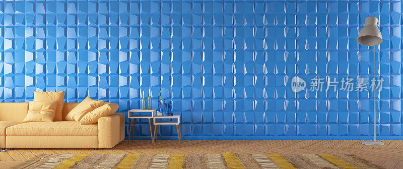 现代客厅与沙发和蓝色几何设计墙
