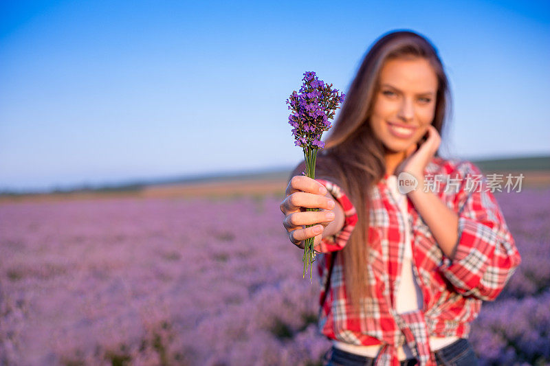 一个美丽的微笑的年轻女子的肖像与长头发在一个盛开的薰衣草田