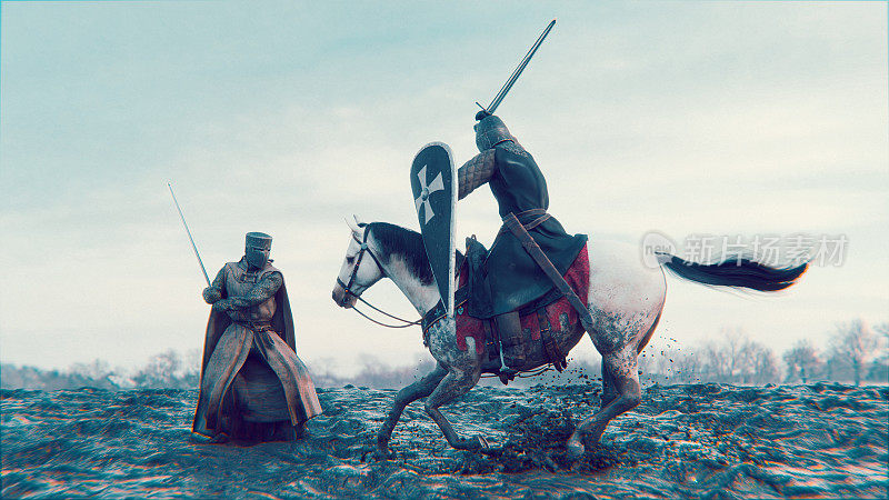 骑士骑在战马上，用剑攻击另一个骑士