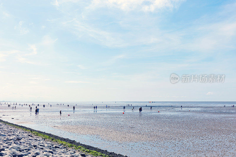 瓦登海，人们在退潮时走在海滩上，德国东弗里西亚的北代里奇