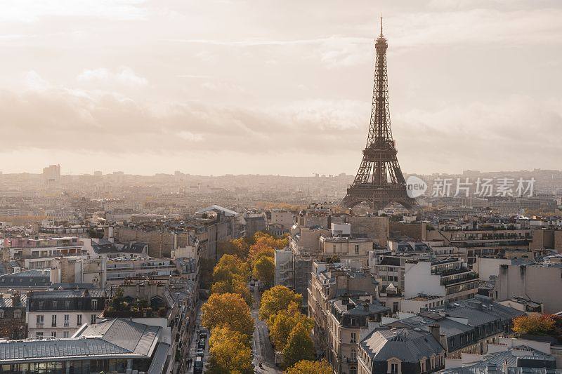 黎明时分的巴黎美景，标志性的埃菲尔铁塔巍然耸立