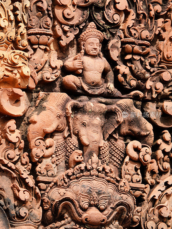 浮雕细节，班迭寺，柬埔寨吴哥窟。