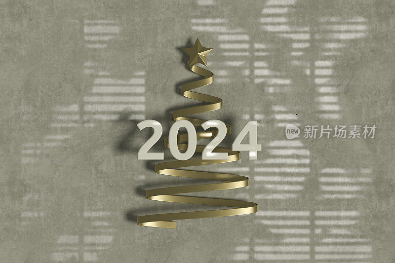 2024年新年和圣诞树在灰色背景。
