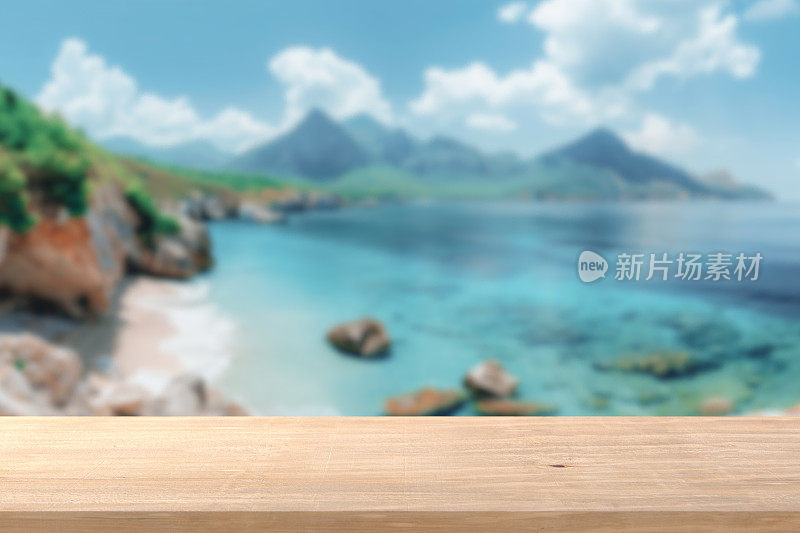显示产品空木桌在模糊的山海滩背景。3d渲染