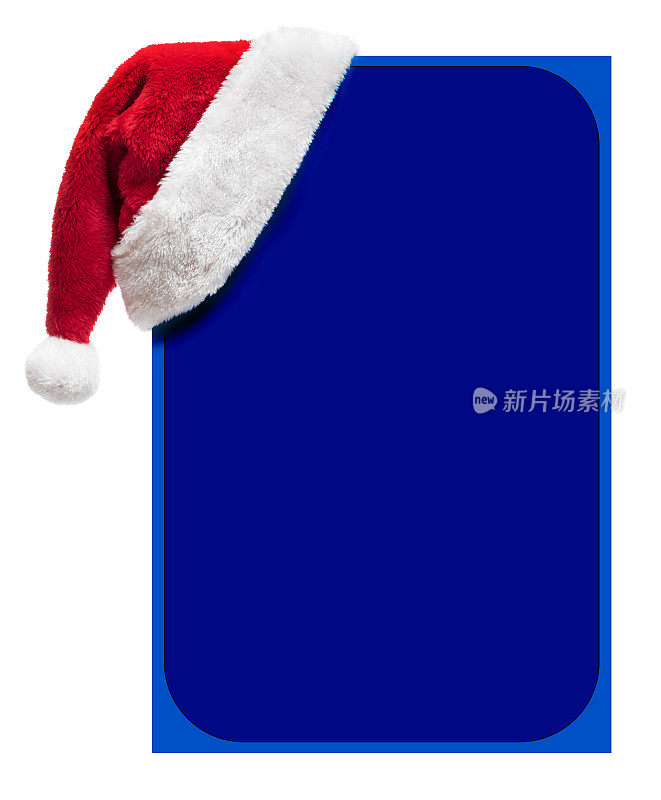 圣诞老人帽在一个蓝色空白的公告牌上有拷贝空间(孤立在白色)