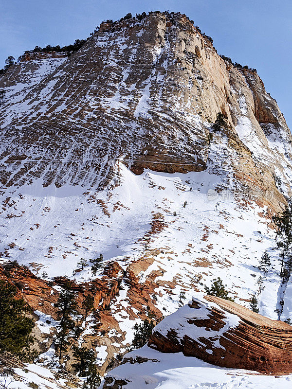 融化的雪在红色的悬崖峭壁沿着风景优美的道路在锡安国家公园附近的棋盘Mesa