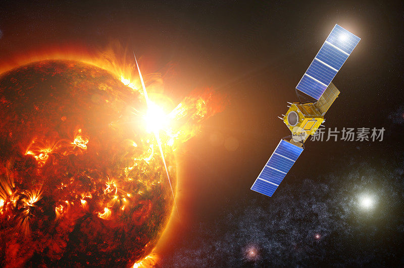 用来监测太阳恒星光亮度的太空探测卫星。固定一个强大的闪光表面的光球与黑点。这张照片的元素是由美国宇航局提供的。