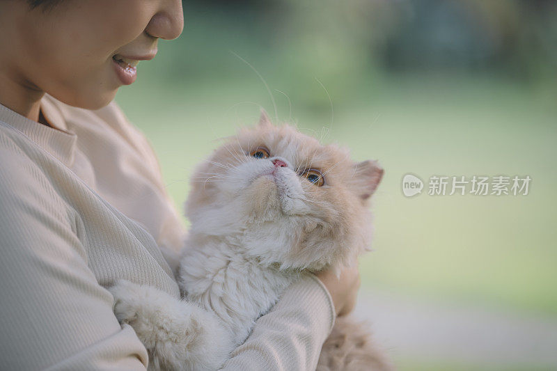 早上，一名亚裔中国少女在公园里抱着她的宠物猫