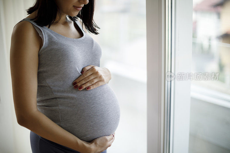 一个年轻孕妇站在窗边的肖像