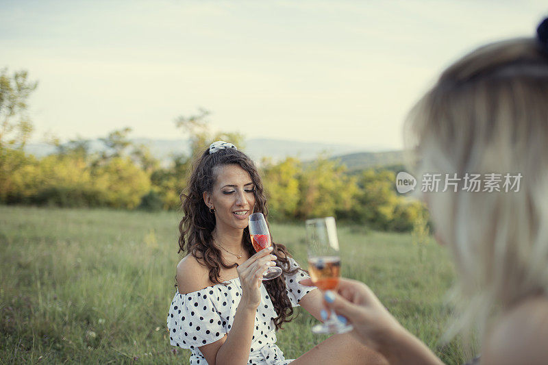 两个快乐的年轻女人在野餐喝葡萄酒