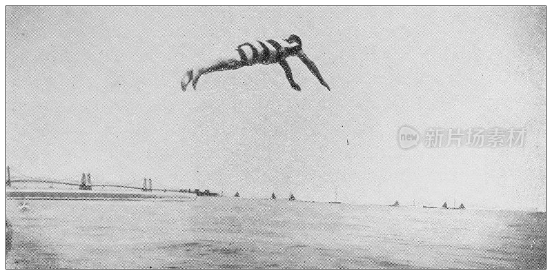 旧式黑白照片的运动，运动员和休闲活动在19世纪:跳板跳水
