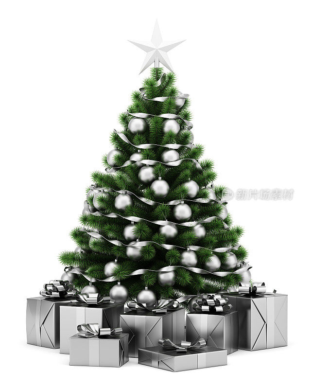 装饰圣诞树与礼物盒孤立在白色的背景