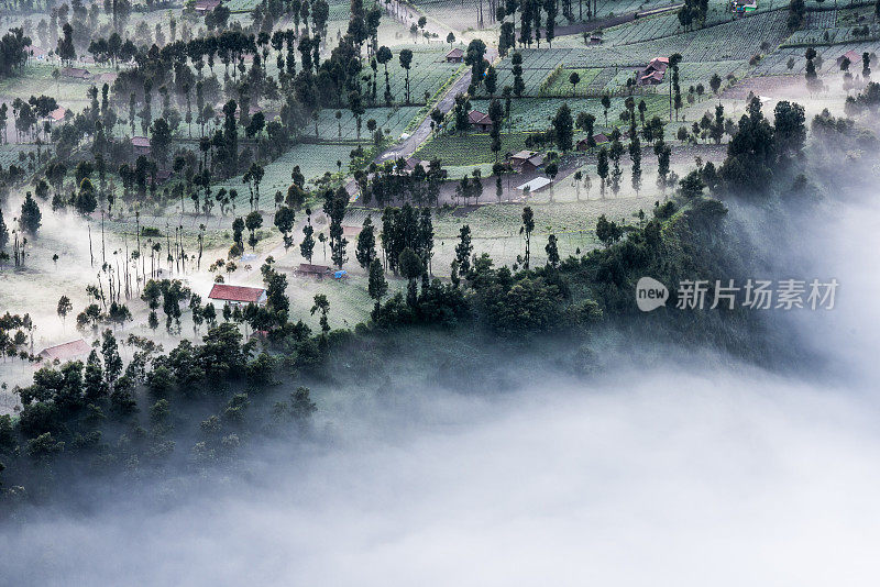 山上晨雾中的村庄和森林