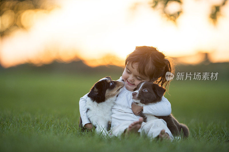 小狗和幼童在日落