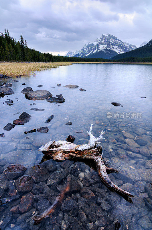 在加拿大落基山脉的水鸟湖中倒影的黄昏山景