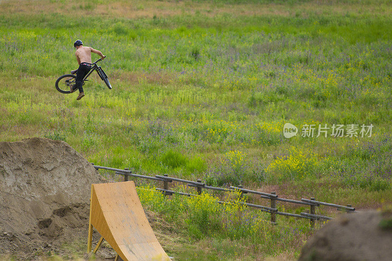 在夏天的时候，一个年轻的男性山地自行车骑手在骑着一个木制斜坡跳的时候做一个尾巴鞭。
