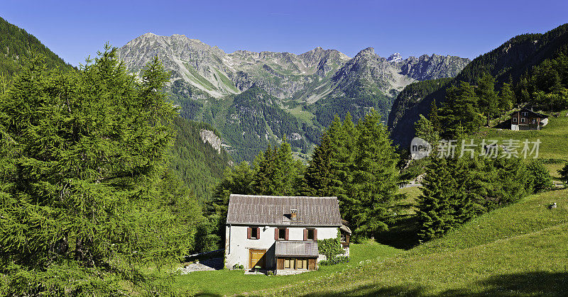 阿尔卑斯山小木屋在风景如画的山地草地全景瑞士