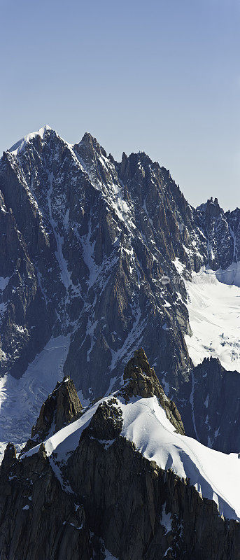 阿尔卑斯山壮观的山峰、尖峰、垂直全景