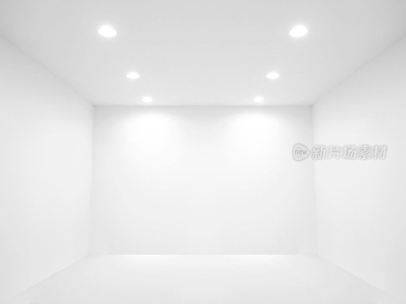 一间描绘着聚光灯的空荡荡的白色房间