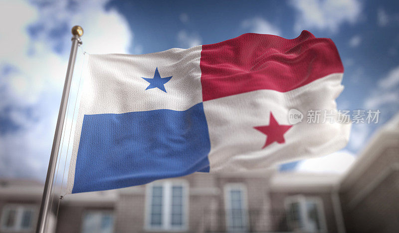 巴拿马国旗3D渲染在蓝天建筑的背景