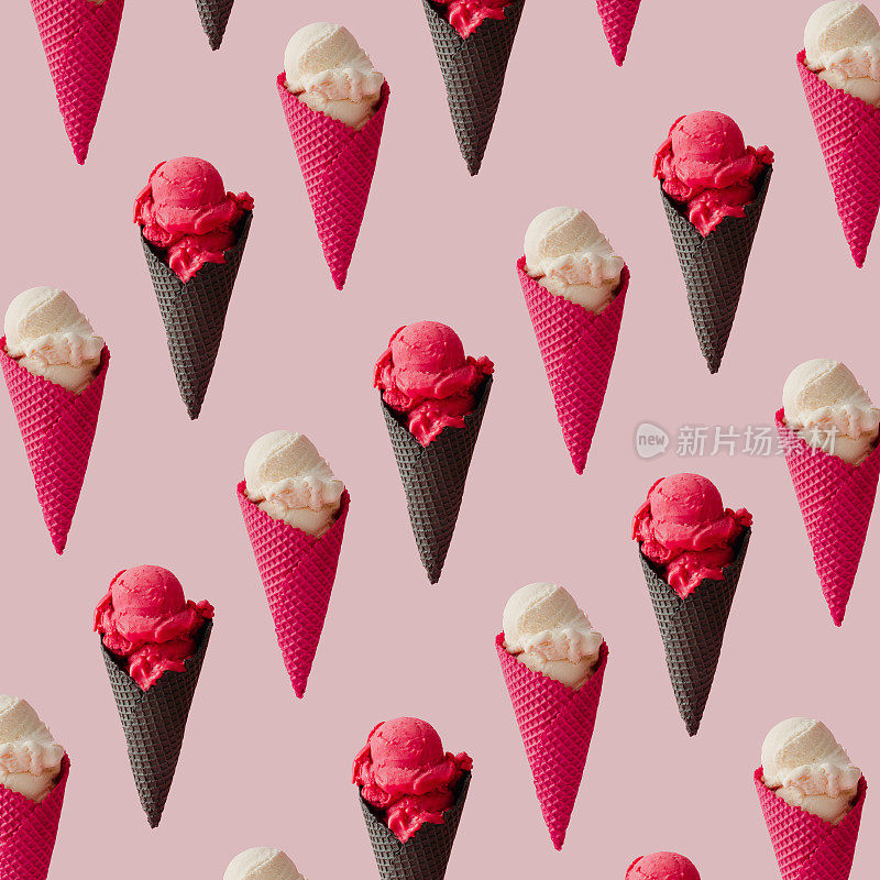 色彩鲜艳的冰淇淋图案在粉红色柔和的背景。夏天创意概念。