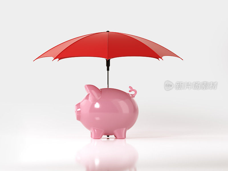 红伞保护储蓄罐在白色的背景:投资回报和储蓄概念