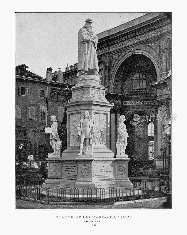 意大利米兰和达芬奇雕像，古董意大利照片，1893年