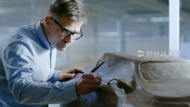 专业的汽车设计师与Rake雕刻未来汽车模型从橡皮泥粘土。他在一家大型汽车厂的专门工作室工作。