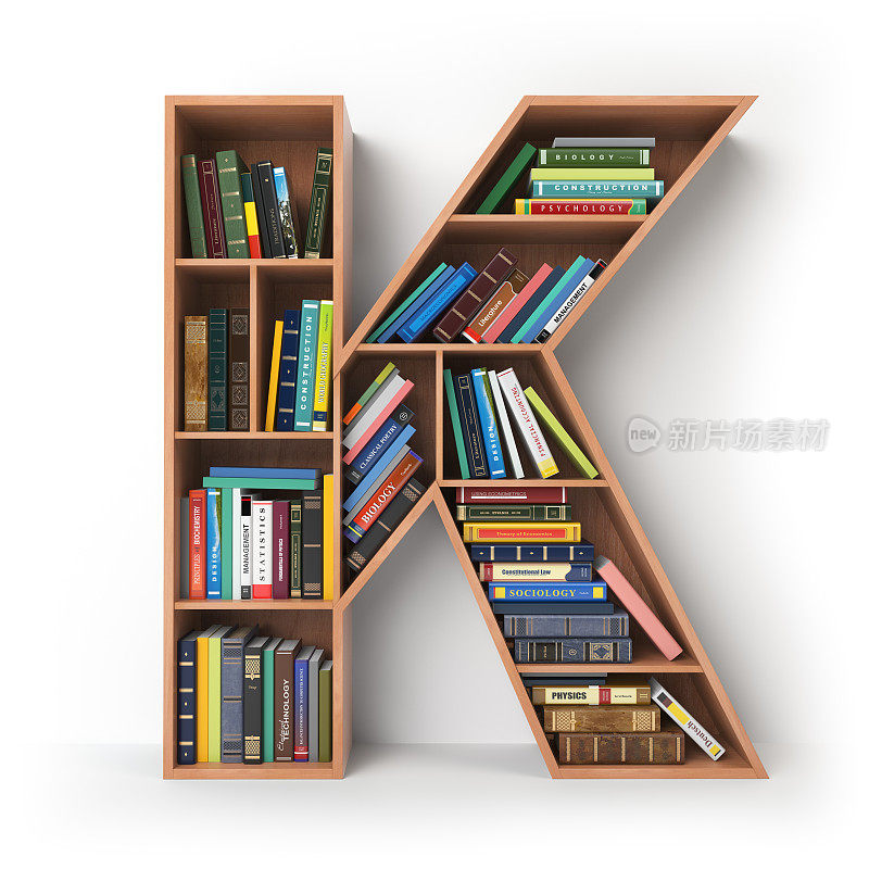 字母K在书架的形式与书孤立在白色。