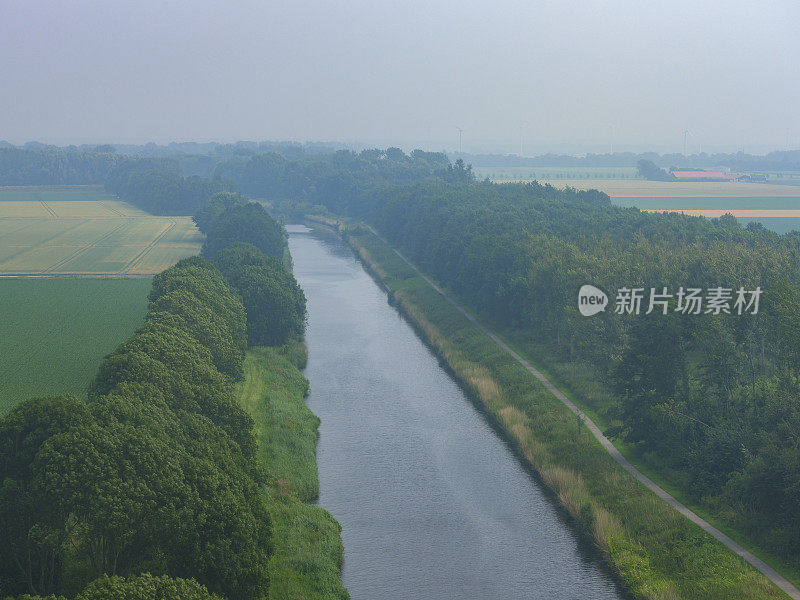 鸟瞰图在农业景观的水道在弗莱弗兰，荷兰