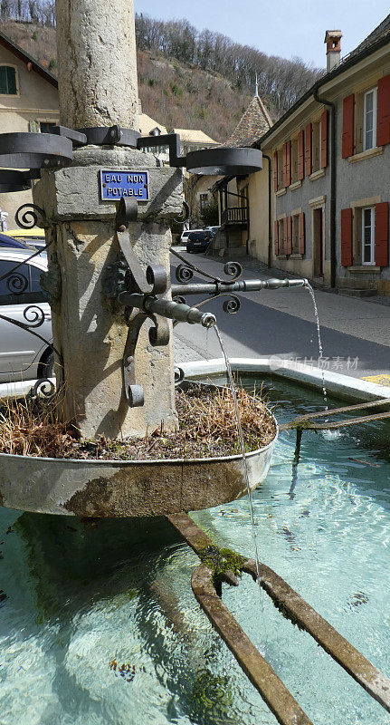 Romainm?tier瑞士村广场上的古老喷泉