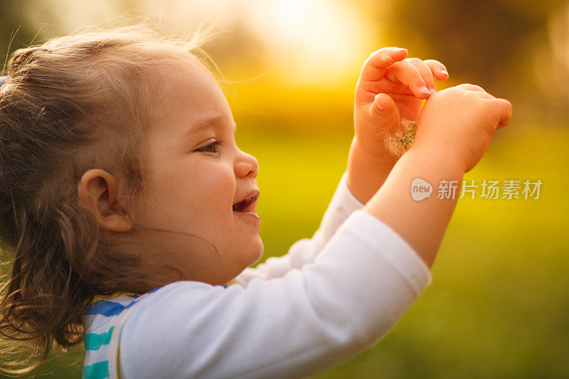 快乐的女孩玩着蒲公英